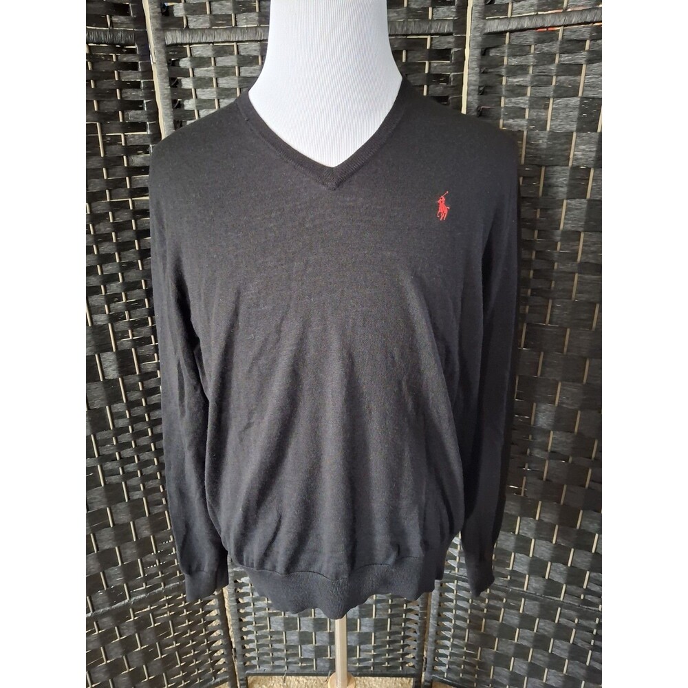 Polo Ralph Lauren V Neck Sweater Mens XL Black Merino Wool Knit Vtg Y2K Preppy